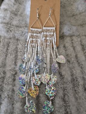 Silver Holographic Hearts and White Beaded Fringe Earrings